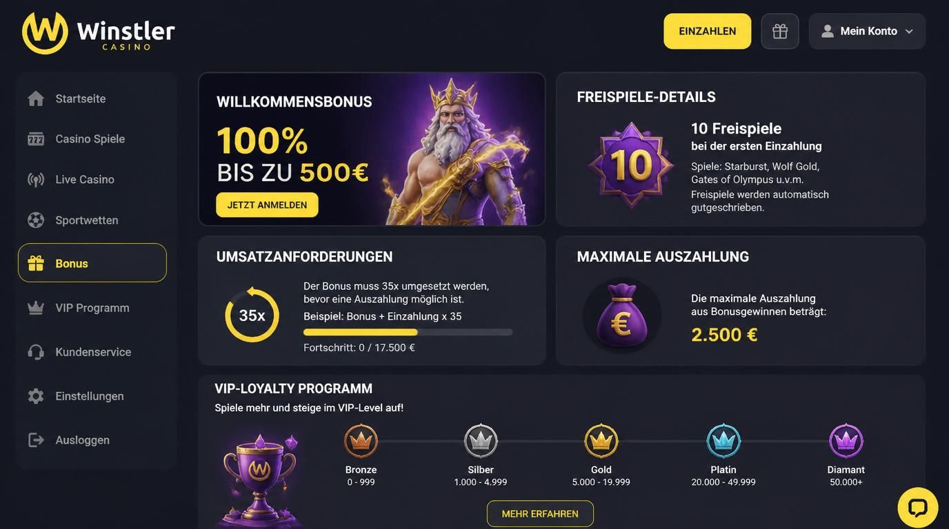 Ein Bonus-Dashboard mit Willkommensbonus, Freispiele, und AGB-Hinweisen in Deutsch