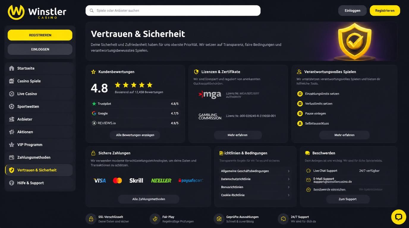 Vertrauens-Interface mit Bewertungen, Markenidentität und klaren Hinweisen auf Beschwerden in Deutsch